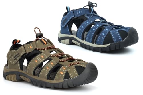 Image of Boys Trail Sandals Boys Walking Sandals Girls Closed Toe Sandal Womens Hiking Sandal Trekking Touch Fastening Sizes 3/4/5/6 Taupe/Navy Blue 4 UK
