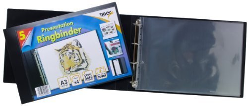 6 X Tiger A3 deluxe landscape 4-D ring binder folder file art black presentation portfolio + 5 sleeves
