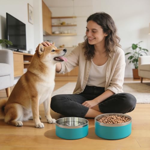 Image of IKITCHEN Dog Bowl for Food and Water, 64 Oz Stainless Steel Pet Feeding Bowl, Durable Non-Skid Double Wall Insulated Heavy Duty with Rubber Bottom for Medium Large Dogs (64 Ounces /8 Cup, Lakeblue)