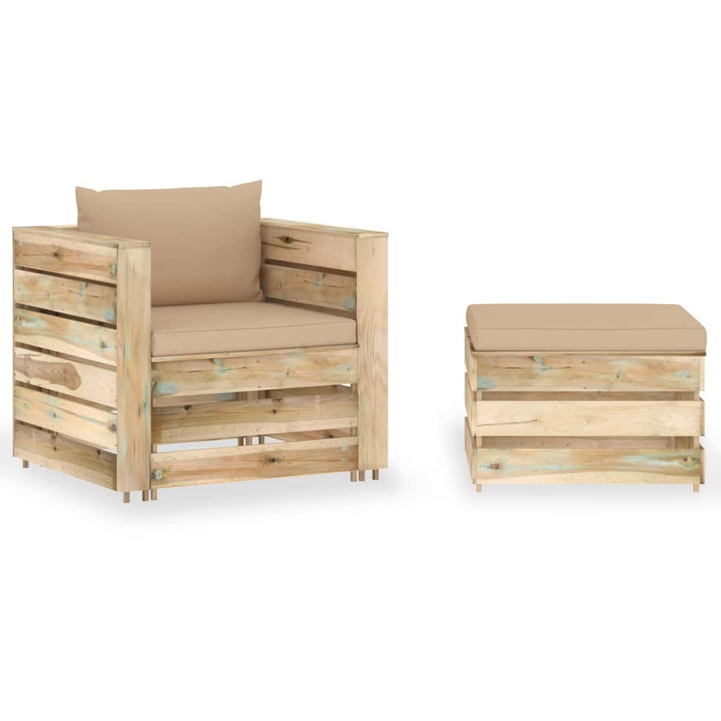 Salon de Jardin 2 pièces en Bois de pin imprégné Vert avec Coussins Beige modulable encastrable pour terrasse Patio Balcon Repas détente extérieur