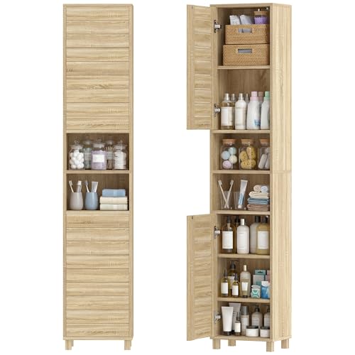 HOMCOM Armario de Baño Alto, Mueble Auxiliar de Baño Estrecho con Estantes Ajustables, Puertas de Lamas Apertura por Presión, Estantes Abiertos, para Espacios Pequeños, 34x23x170 cm, Natural