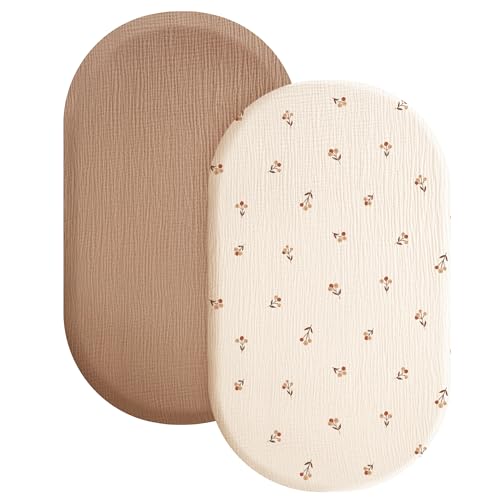 Image of Konssy 2 Pack Muslin Fitted Bassinet Sheets for Baby Girl Boy, Soft Breathable Baby Bassinet Sheets Fit for Baby Bassinets, Cradle, Moses Basket Oval Rectangle Pad/Mattress (Brown,Berry)