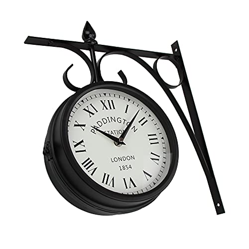 Wrought Iron Antique-Look Brown Round Wall Hanging Double Sided Two Faces Retro Station Clock Round Chandelier Wall Hanging Clock With Scroll Wall Side Mount Home Décor Wall Clock (Black+White) #TOP3