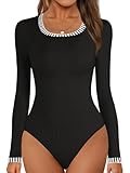MEROKEETY Women's Long Sleeve Ribbed Knit Bodysuits Scoop Neck Slimming Fit Fall Trendy Sweater Tops, Black, Medium