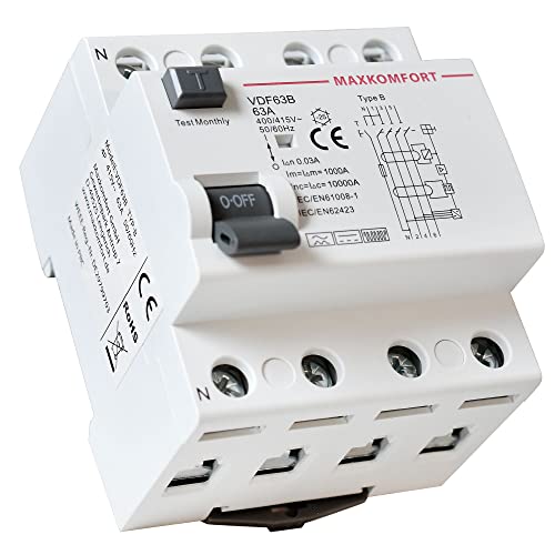MAXKOMFORT FI-Schutzschalter Typ B 63A 30mA 4-polig Allstromsensitiv RCD für Wallbox Elektroauto & Photovoltaik 400V Fehlerstromschutzschalter DIN-Schiene Montage Modell VDF63B