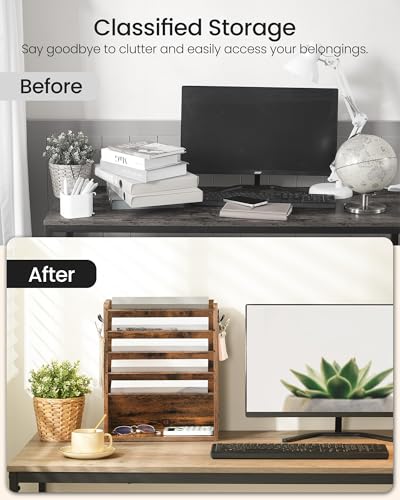 CHOEZON Archivador Vertical de Pared con 6 Niveles y Bandeja Inferior, Organizador en Madera Vintage de Carpetas o Revistas, Portadocumentos con 2 Ganchos Laterales, Marrón Vintage DMWJ01FG - imagen 8