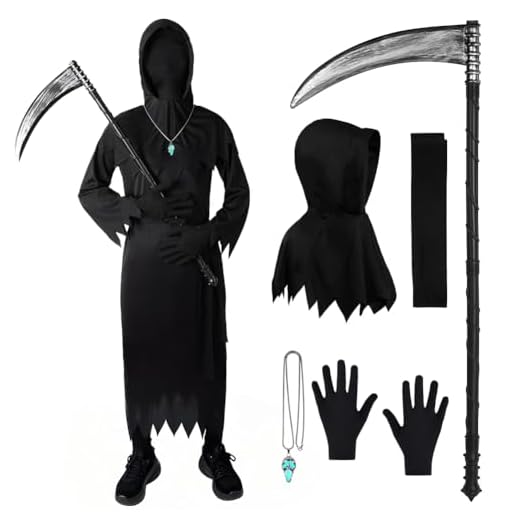 BSBUY Disfraz de Muerte Niño, Ropa Halloween Niño con Capucha Grande y Guadaña y Collar Luminoso, Disfraz de Muerte Tenebrosa, Carnaval de Halloween Cosplay de Scream, 130cm