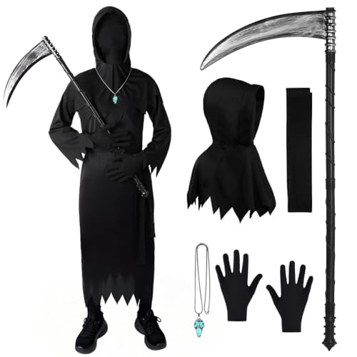 BSBUY Disfraz de Muerte Niño, Ropa Halloween Niño con Capucha Grande y Guadaña y Collar Luminoso, Disfraz de Muerte Tenebrosa, Carnaval de Halloween Cosplay de Scream, 130cm
