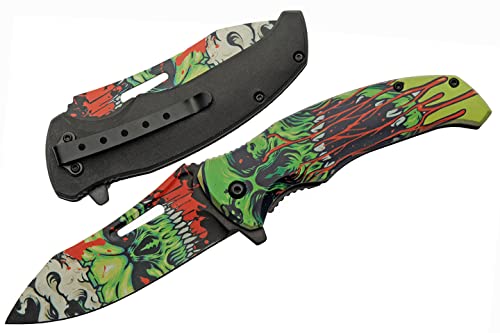 8.5” Green Zombie Skull Liner Lock EDC Folding Knife With Pocket Clip