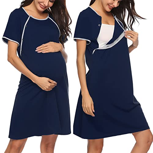 Sykooria Women's Maternity Nightdress Breastfeeding Nightwear Short Sleeve Nursing Nightgown Button Down Sleep Shirt V Neck Pajama Tops Soft Loungwear For Pregnant Women(Navy Blue,L)