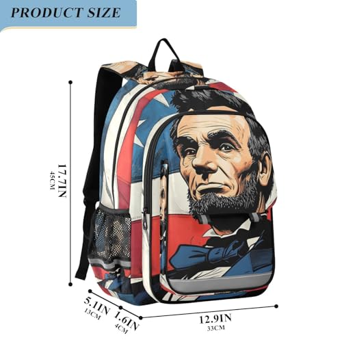 American Flag Abraham Lincoln Backpack Travel Laptop Daypack Shoulder Bag Book Bag Daypack with Reflective Strip 12.9 ×17.7 In2