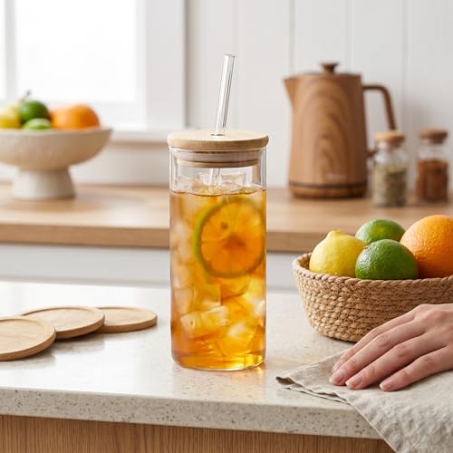 Vasos con tapa y popote de vidrio de borosilicato duradero con acabado cristalino premium 4
