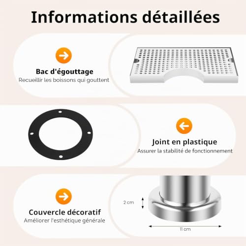 UHDUIG Colonne à bière double robinet en acier inoxydable, équipée d'un bac égouttoir, distributeur pour bar, restaurant, café et usage domestique – vue 9