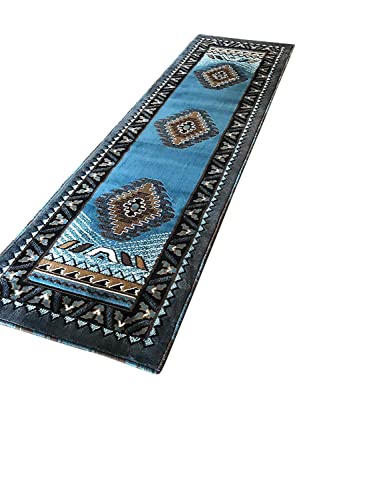 Kingdom Southwest Native American Runner Area Rug Blue & Brown Design D143 (2 Feet X 7 Feet) #TOP2