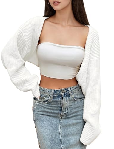 LOFAAC Women Y2K Open Front Rib Knit Shrug Crop Cardigan Solid Drop Shoulder Puff Long Sleeve Sweater Tops Outerwear(S,US,Women,White)