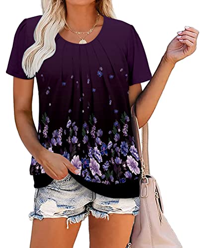 KISSMODA Ladies Dressy Blouses Womens Crewneck Short Sleeve Tops Printed Pleated Shirts Summer Clothes
