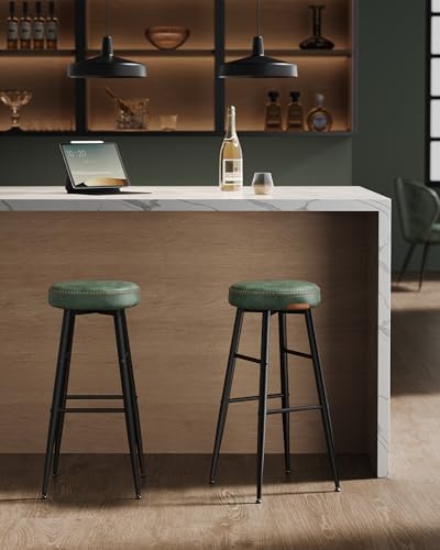 Image of VASAGLE EKHO Collection - Bar Stools Set of 2, Kitchen Counter Stools, Breakfast Stools, Synthetic Leather with Stitching, Mid-Century Modern, 30-Inch Tall, Home Bar, Forest Green ULBC090C01V1 | Breakfast Stools, PU Leather with Stitching, Transitional, Home Bar, Forest Green, EKHO Collection ULBC090C01