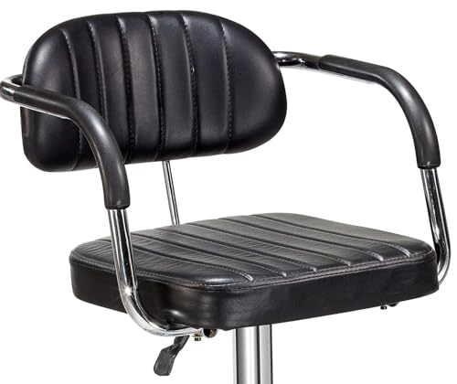 Image of Nityam Height Adjustable Bar Stool Chair with Arms for Home Office Kitchen Counter Shop Bar Restaurant Cafe with Footrest, Black Leather, 360 Swivel, Chrome Base, Soft Padded Seat, (Color-Black)