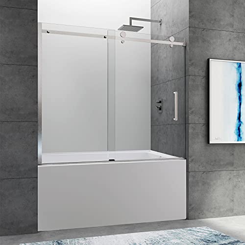 Ckb Tampa Single Sliding Frameless Bathtub Shower Doors, 55-59 Inch Width Adjustable X 60 Inch Height, 5/16 Inch Tempered Glass With Hardware Kit, Brushed Nickel Finish. #TOP12