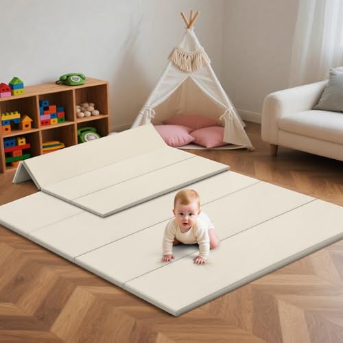 Image of Suihuooo Baby Play Mat Foldable, 1.2" Thick Waterproof Playmats for Floor, Thicken Foam Playmat for Tummy Time, 47x47 Playpen Mat, Portable Baby Floor Mat for Infant, Toddler, Beige