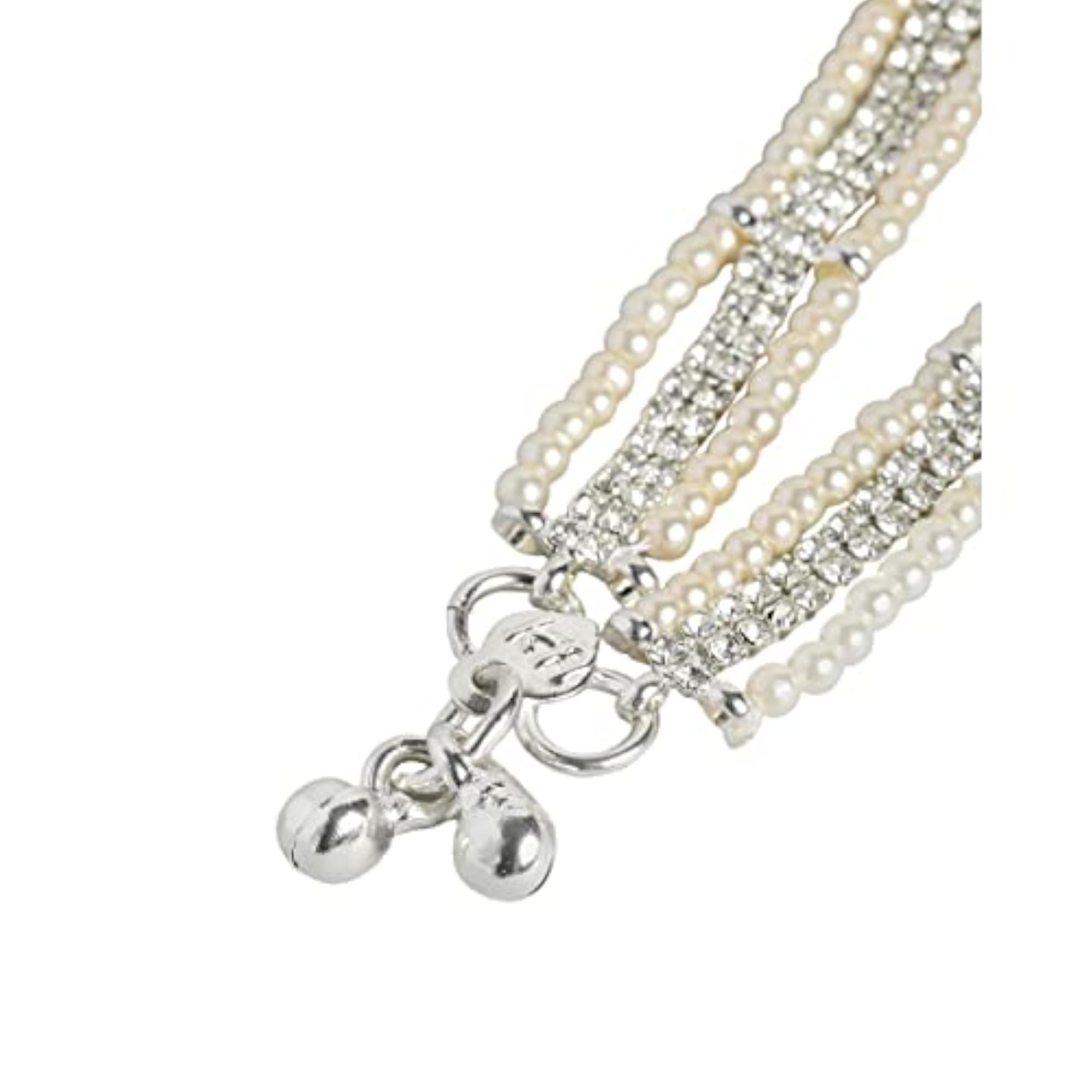 Women's Set of 2 Silver Plated Anklets with Rhinestone and Beaded Pearls