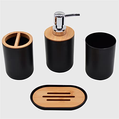 Wpond Juego de accesorios para cuarto de baño, accesorios de cuarto de baño, 4 piezas, porta jabón, soporte para cepillo de dientes, dispensador de jabón, taza de rince-boca, color negro Cover