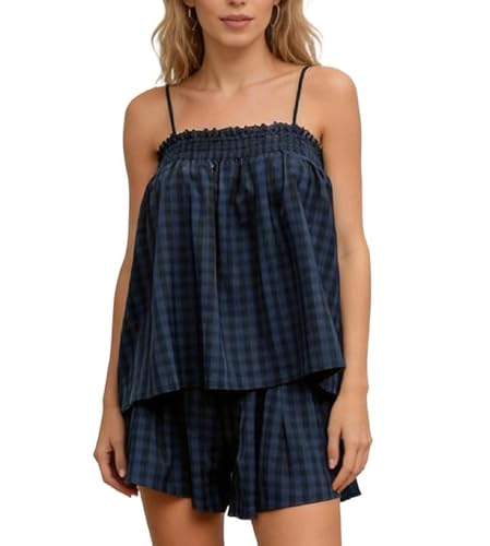Image of SOOKABEILA Women 2 Piece Lounge Set Sleeveless Striped Cami Peplum Top Boxer Shorts Loose Ruffle Matching Pj Sets Outfits