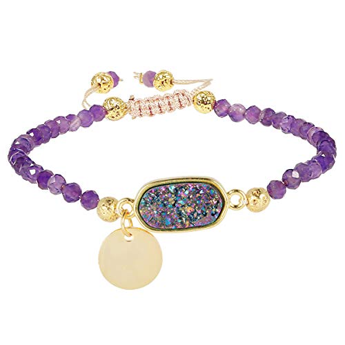 TUMBEELLUWA Beads Bracelets Faceted Stone 4mm Healing Crystal Bracelet Oblong Shape Druzy Adjustable Handmade Jewelry for Women,Amethyst