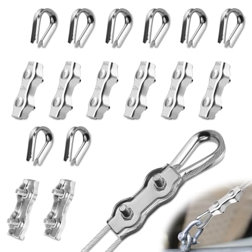 Mbsomnus Set di 16 morsetti per fune metallica M4, con 8 morsetti per fune da 4 mm e 8 pezzi, 4 mm, in acciaio inox 304, morsetti duplex per fune in acciaio, fissaggio