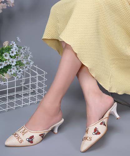 Image of JM LOOKS Pointed Toe Kitten Heel Mules Featuring Exquisite Bee Embroidery and Shimmering Textured Fabric Finish