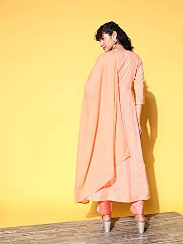 Image of ishin Women's Cotton Blend Peach Embroidered Anarkali Kurta With Dupatta