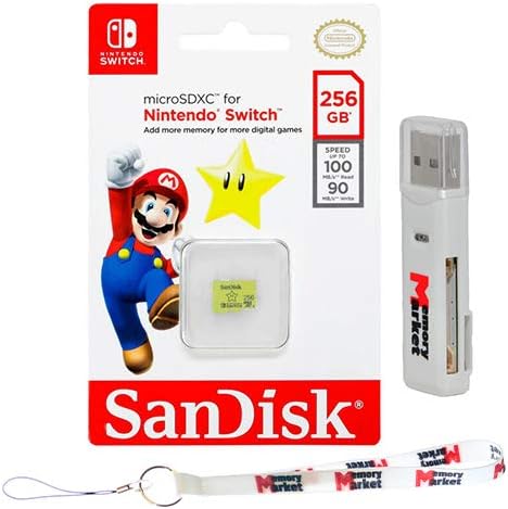 SanDisk 256GB MicroSD XC Memory Card UHS-I 100 MB/s for Nintendo Switch - SDSQXAO-256G with Dual Slot MemoryMarket MicroSD & SD Memory Card Reader and MemoryMarket Lanyard