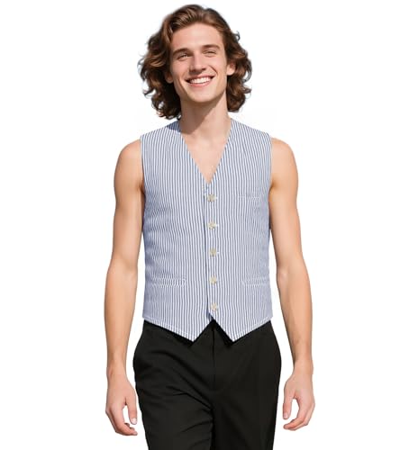 MllesReve Men Striped Vest Seersucker Slim Fit Formal Casual Waistcoat Business Vests