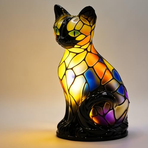 Rehenbsem Cat Table Lamp Stained Resin Table Lamp Vintage LED Night Light Bedroom Desk Bookshelf Decoration Funny Gift for Cat Lovers(Siamese Cat B)