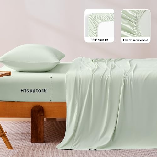 Image of Amazon Basics Cooling Sheets, 3-Piece Bed Sheet Set for Summer, Soft and Breathable for Hot Sleepers, Bedding with 1 Deep Pocket Fitted Sheet, 1 Flat Sheet, and 1 Pillowcase, Twin, Aloe Green