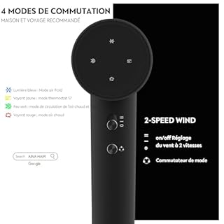 AINA Sèche-cheveux à grande vitesse,Seche cheveux moteur sans brosse, 150.000 tours par minute, léger, ionisant&voyage (1A Noir)