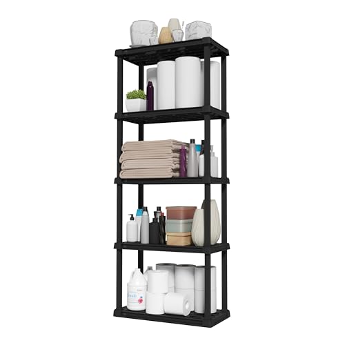 IRIS USA 5-Shelf Light Duty Plastic Storage Shelves, 250lb Capacity, 64″H x 24″W x 12″D, Medium Modular Shelving Unit Storage Organizer for Bathroom, Laundry, Garage & Home, Storage Rack – Black