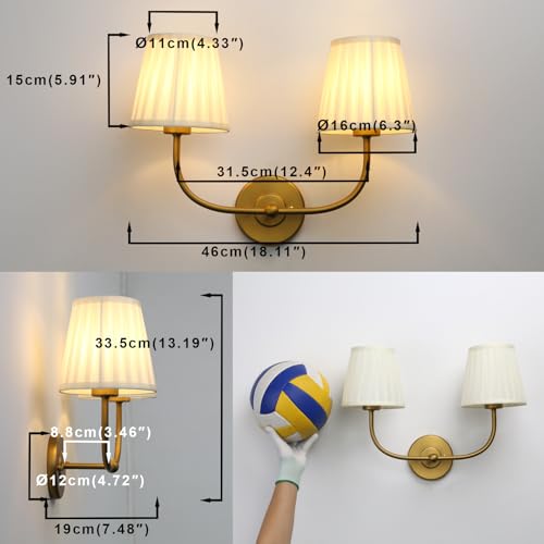 Image of Yosoan 2-Lights Linen Fabric Brass Indoor Boho Wall Sconce, E26 Flared Funnel Fabric Shade Beige Wall Mounted Vanity Hardwired Double for Bedroom Hallway Stairwell Bathroom Kitchen Island(Antique)