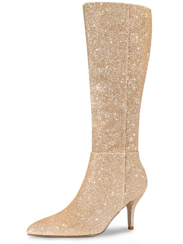 Allegra K Women's Pointy Toe Sparkle Glitter Stiletto Heel Gold Knee High Boots 9 M US