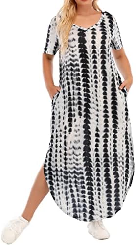 HBEYYTO Women's 3X Plus Size Maxi Dresses Tiedye V Neck Casual Short Sleeve Loose Pocket Slits Long Dress