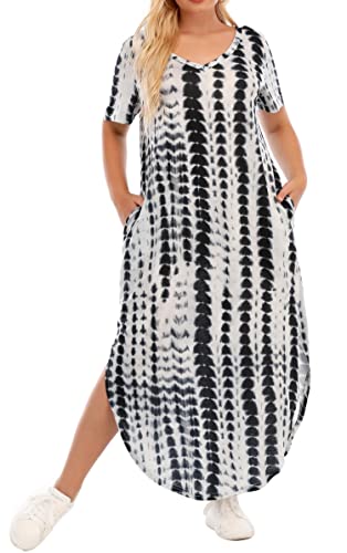 Hbeyyto Women's 3X Plus Size Maxi Dresses Tiedye V Neck Casual Short Sleeve Loose Pocket Slits Long Dress #TOP7