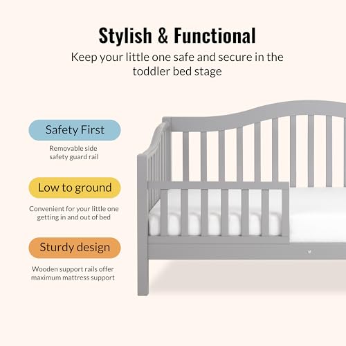 Image of Dream On Me Austin Wooden Toddler Day Bed for Kids, Pebble Grey | GREENGUARD Gold Certified & BSA Verified, Low-to-Floor Design, Removable Safety Guardrail, Solid New Zealand Pinewood