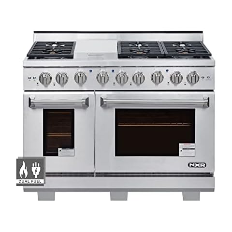 NXR Culinary 48inch Pro Dual Fuel Range with 6 German Tower Burners and 7.2 cu.ft. Convection Fan Oven in Stainless Steel: Liquid Propane Cover