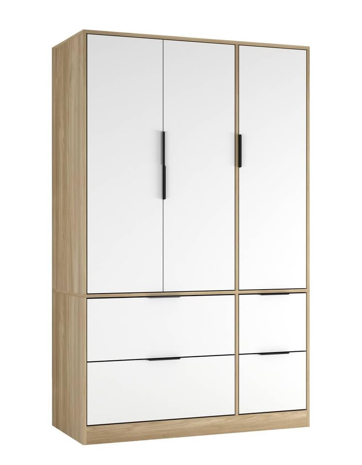URBNLIVING 3 Door Wardrobe with 4 Drawers – Wooden Bedroom Storage Cupboard with Hanging Rail for Clothes - Oak Unit & White Doors & Drawers