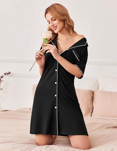Ekouaer Nightgown for Women Sleep Shirt Short Sleeve Sleepwear Boyfriend Nightshirt Button Down Pajama Dress2
