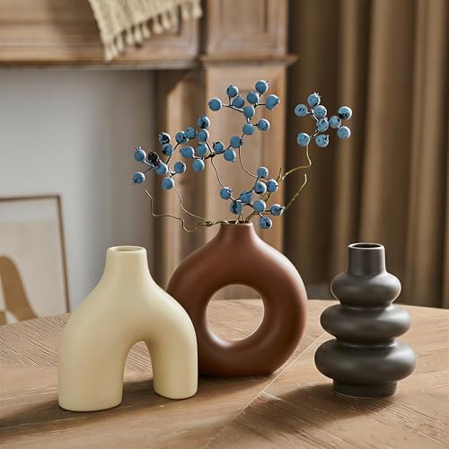 Modern Ceramic Decorative Vase Set of 3 – Minimalist Sculptural Vases for Living Room, Shelf & Table Decor, Nordic Donut Vase Set for Contemporary Home Decor (Cream Matte and Brown)