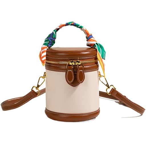 QIANAIWO Bolsa balde retrô feminina couro PU cor contraste cilíndrico ombro bolsa redonda alça bolsa, Marrom