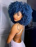 Annivia 14inch Afro Kinky Curly Wig with Bangs for Black Women No Glue Full and Fluffy Like a Bomb Short Curly Hair Wigs（Mix Blue）