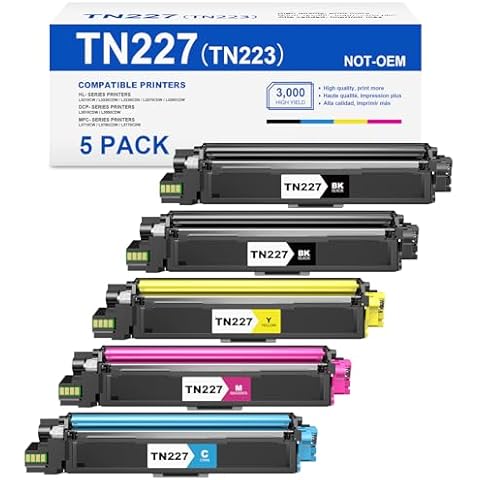 Skydo Compatibe TN227 High Yield Toner Cartridges TN227 Replacement for Brother TN227 TN223 TN-227BK/C/M/Y High Yield Toner Cartridge Use with HL-L3270CDW MFC-L3770CDW HL-L3290CDW Printer (tn-227 5P) Cover