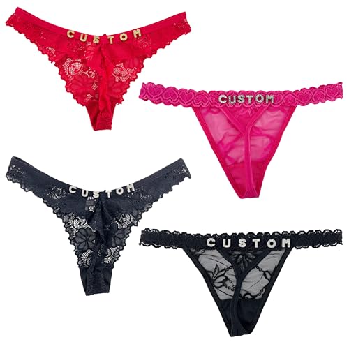 Custom Thongs 2 Pack Personalized Thongs With His Name Women's Rhinestone Name Thong G-String Panties Black